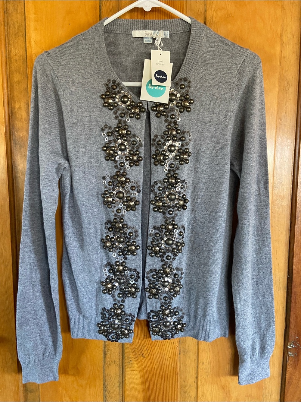 Boden Gray Beaded Floral-Embellishment Cardigan